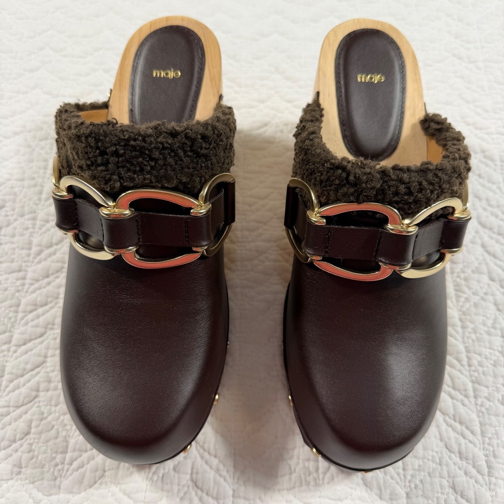 Maje Leather Clogs Women 39EU 8.5US Brown Shearling Gold Chain Wood Platform NEW